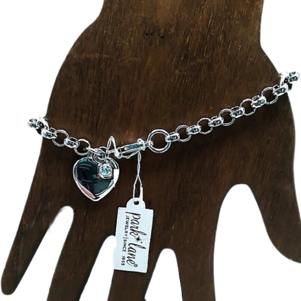 Park Lane Cherish Heart Bracelet Silver-tone Charm Crystal Accent Rolo FLAW READ